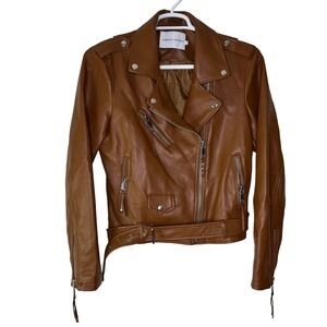Rebecca Minkoff Faux Leather Moto Jacket Women Large Belt Cognac Brown Full Zip